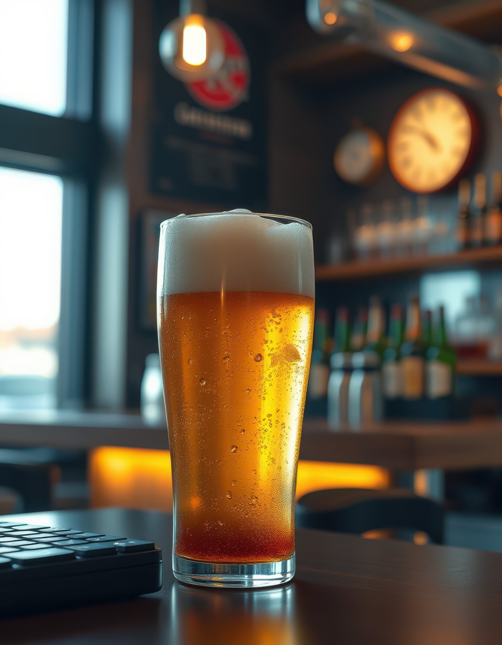 A tall glass of light beer with a thick head sits on a dark bar top